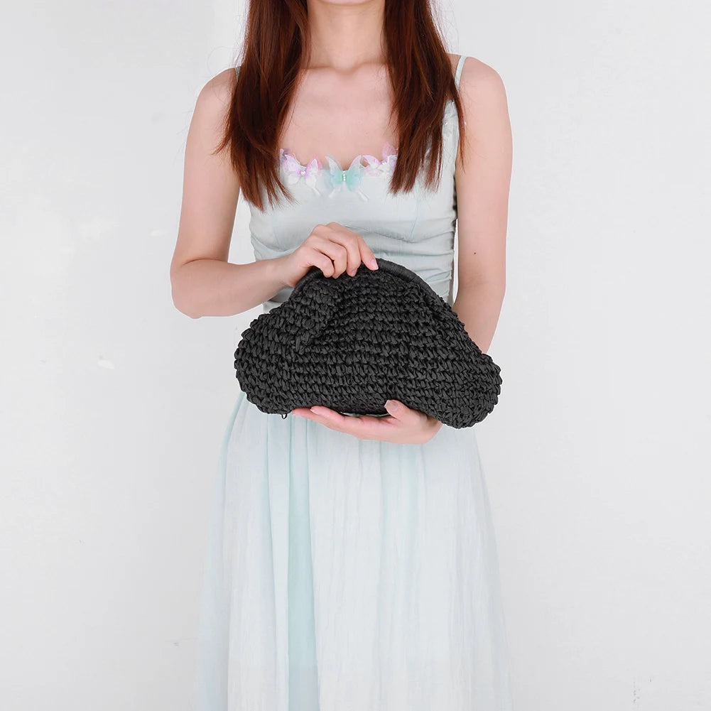 Women Straw Woven Bag Chain Strap Straw Clutch Purse Large Capacity Stylish Crossbody Bag Solid Color for Summer Beach