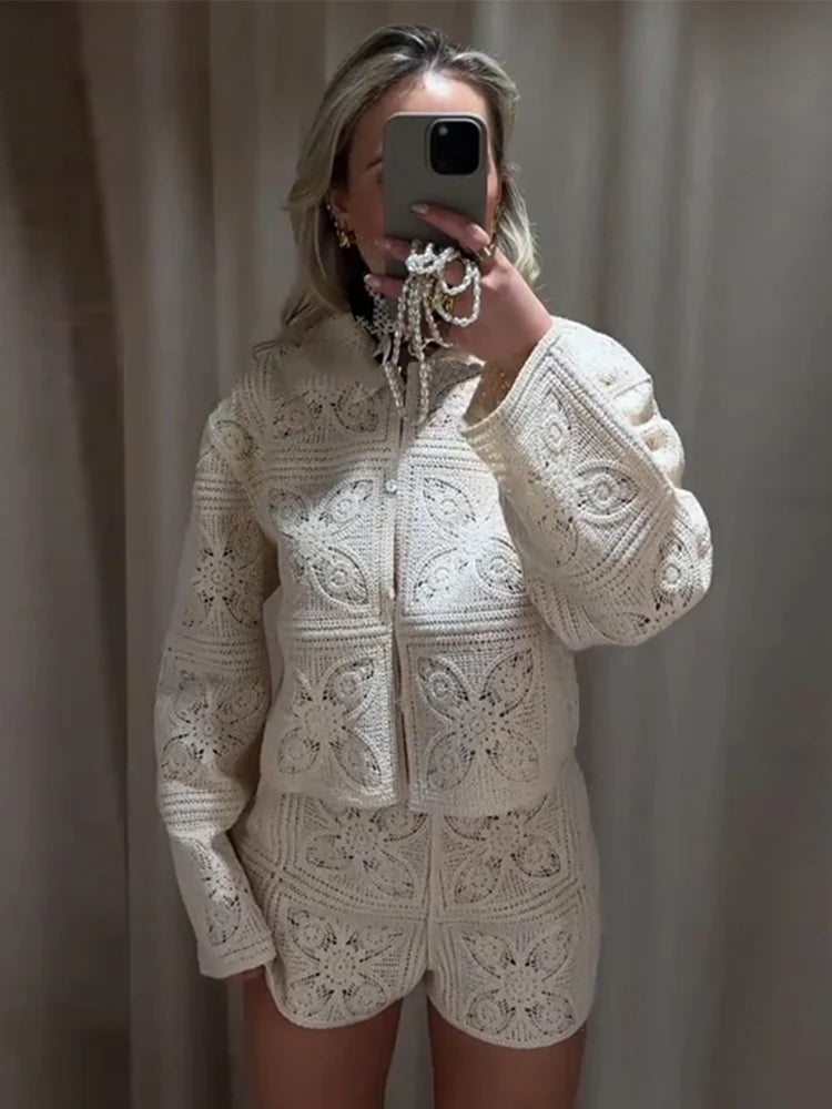 Knit Hollow Out 2 Piece Sets Woman Outfit Elegant Crochet Single-breasted Lapel Top High Waist Shorts Summer lady Suit Commuting