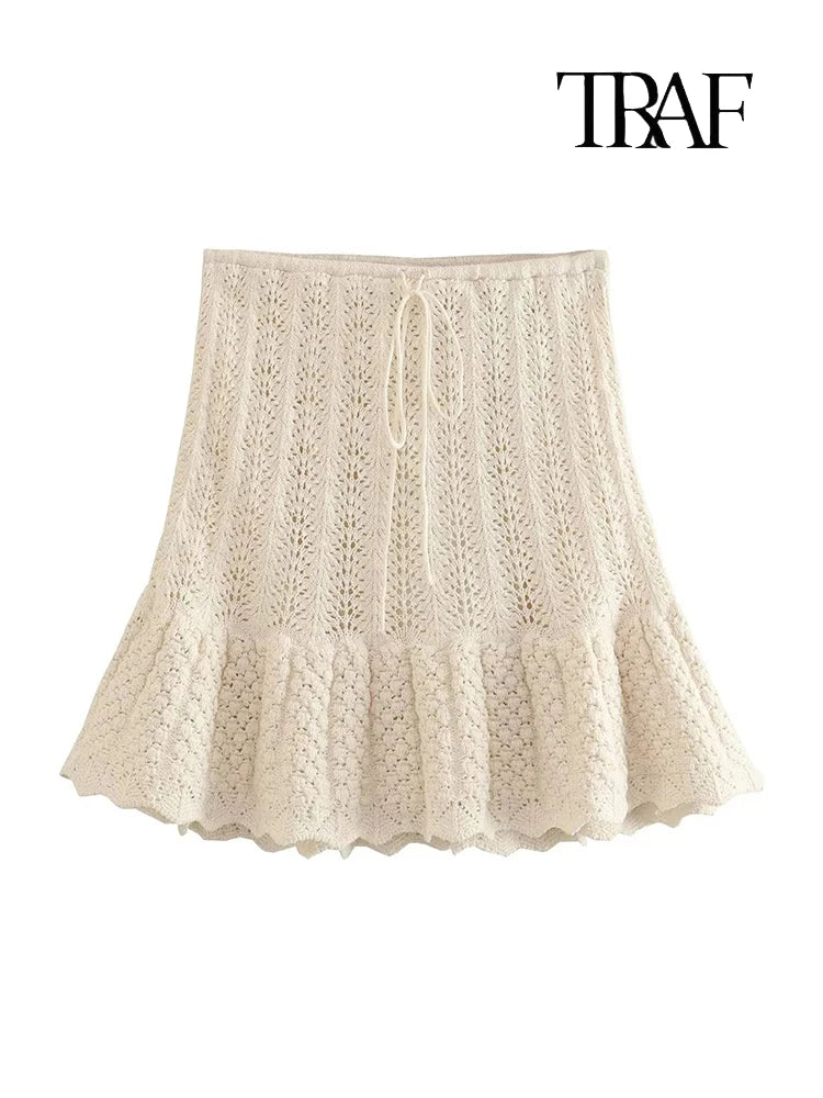 Women's Fashion Jacquard Sleeveless Top Shorts Set Elegant Skeleton Knit Top Mini Skirt Set Lace Top Pleated Mini Skirt Set