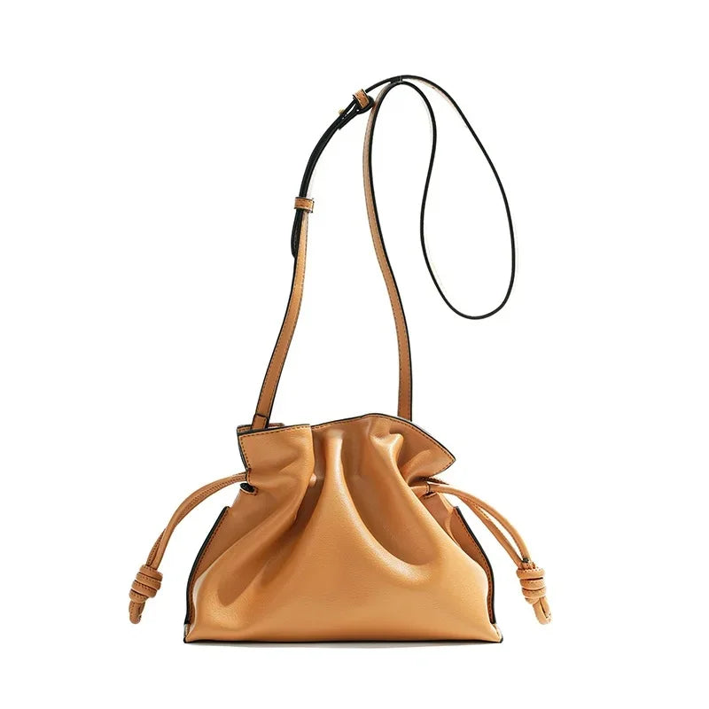 Autumn/Winter Flamenco Fashionable Classic Frogmouth Cloud Bag Genuine Cow Leather Drawstring Single Shoulder Slant Cross Small