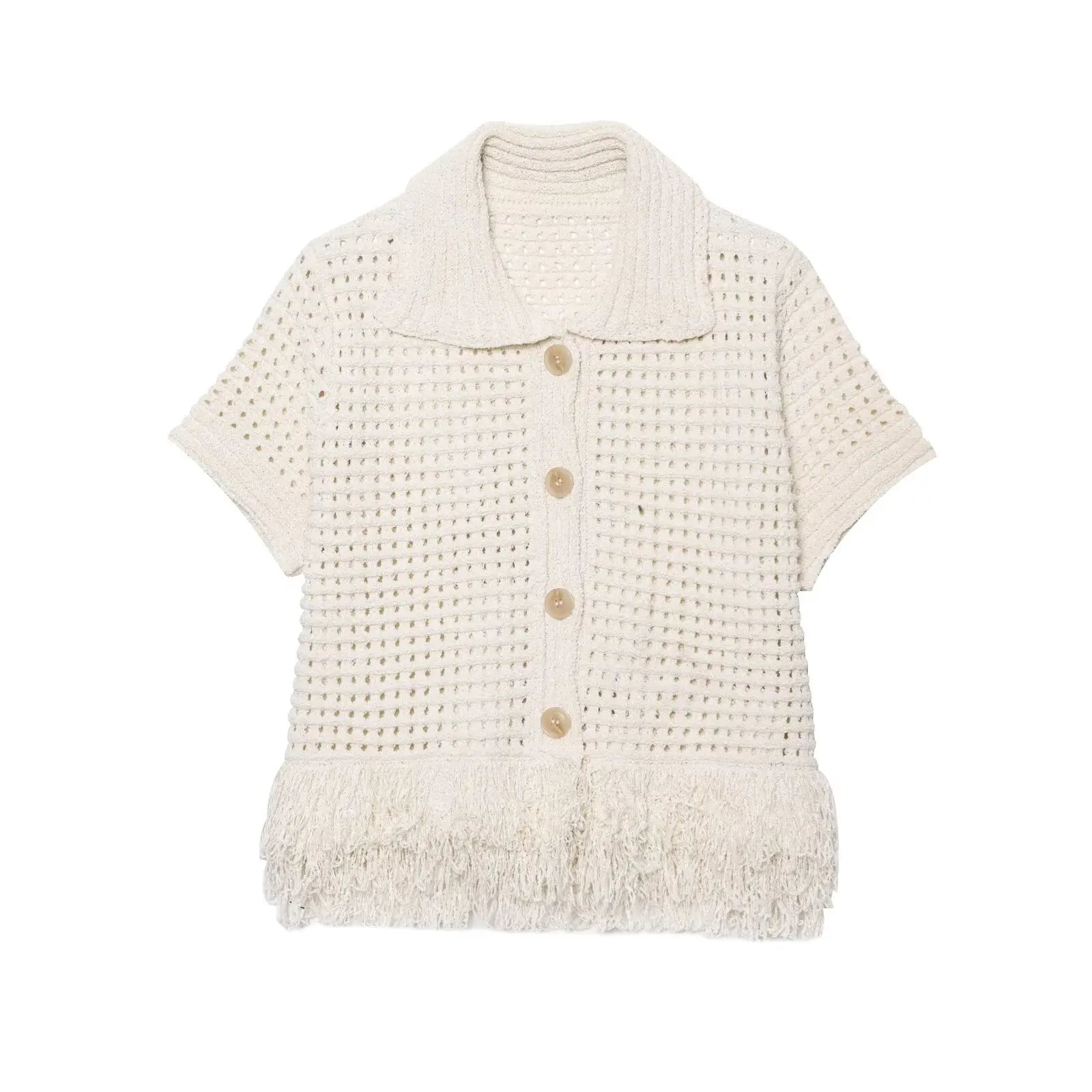 Summer New Women Fashion Hollow Out Frayed Hem Knit Jacket Front Button Short Sleeve Lapel Collar Chic Lady Outfit