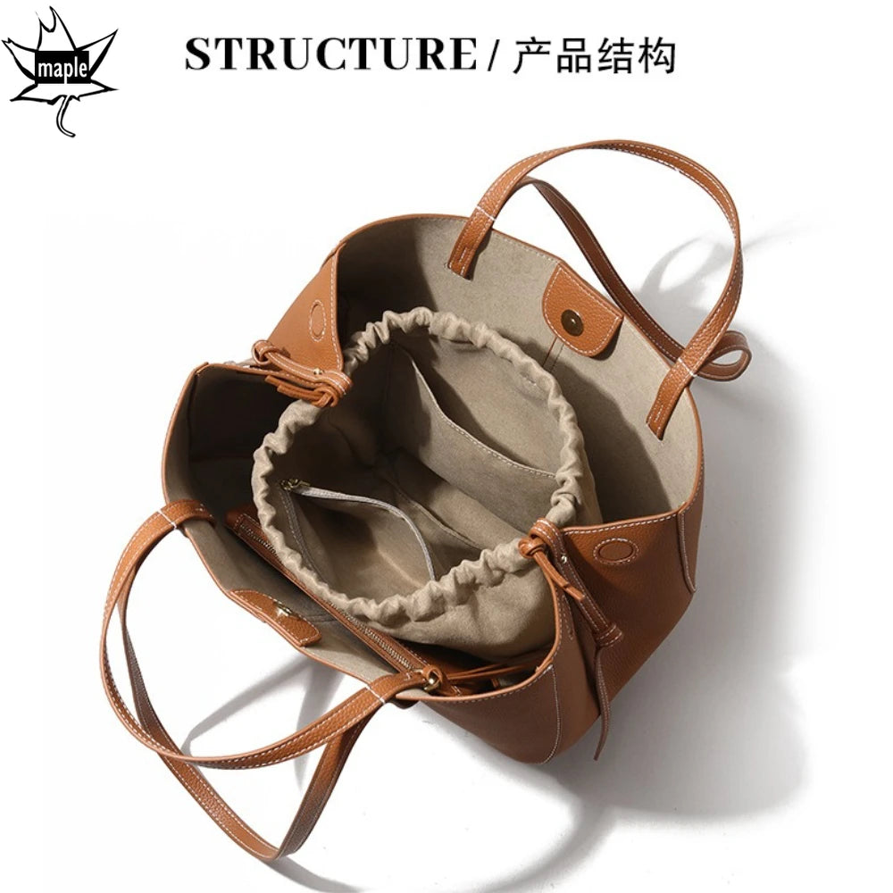 New Brand Designer Huge Capacity Travel Trapeze Tote Grey Caramel Color Full Grain Cow Leather Women Handbag with Wallet