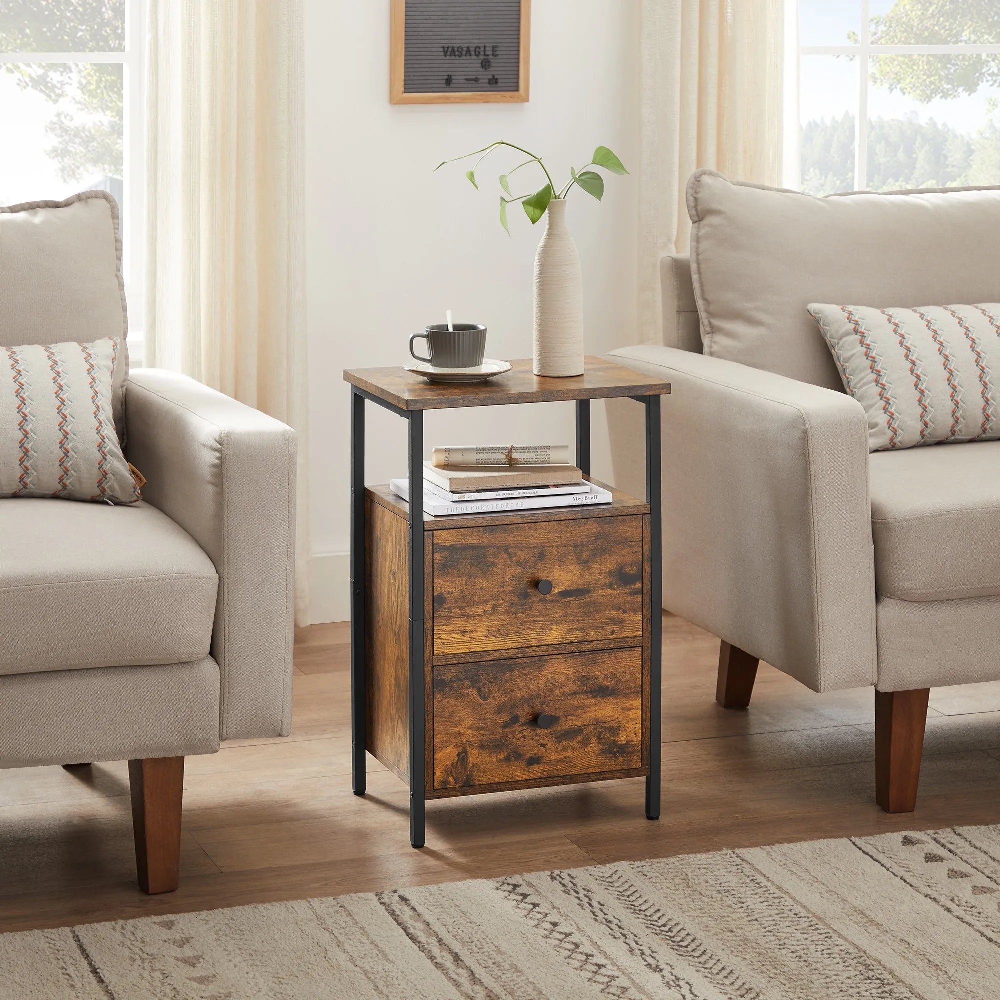 VASAGLE Bedside Table, Sofa Table, Nightstand with 2 Drawers, Industrial, for Bedroom, Living Room