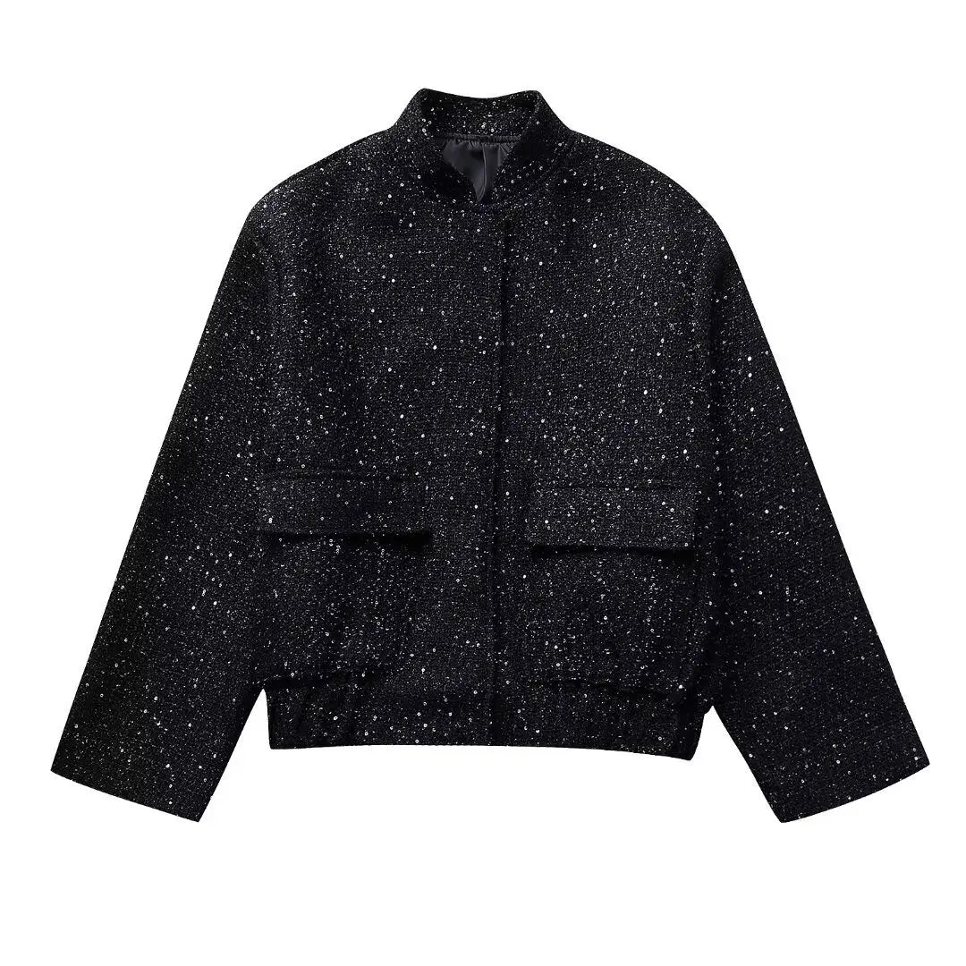 Women's Sequined Bomber Jacket Fall New Round Neck Long Sleeve Pocket Stretch Hem Sequins Jacket Coat Female Chic Outerwear