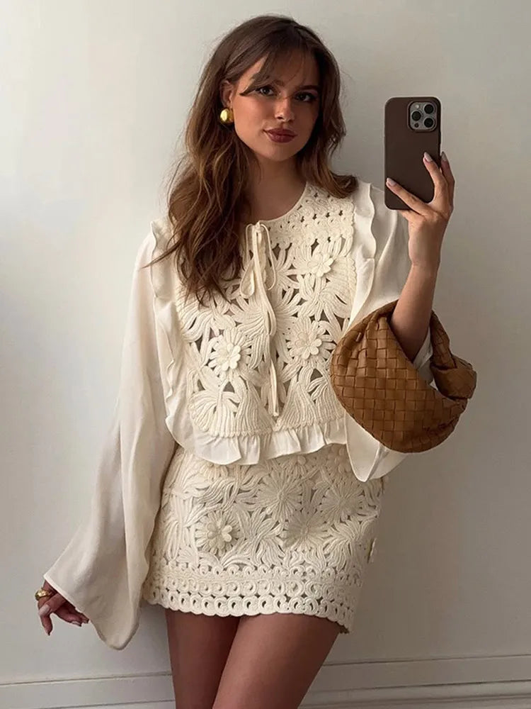 Elegant Retro Hollow Out Lace Up Mini Skirt Set Women Chic High Waist Flare Ruffle O-neck Top 2 Piece Suit Holiday Street Outfit