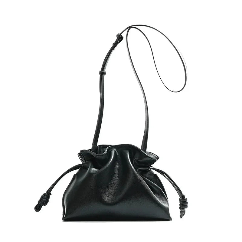 Autumn/Winter Flamenco Fashionable Classic Frogmouth Cloud Bag Genuine Cow Leather Drawstring Single Shoulder Slant Cross Small