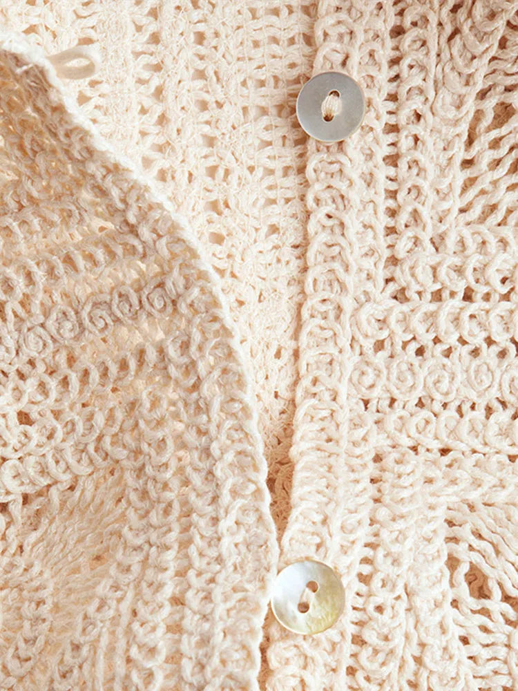 Knit Hollow Out 2 Piece Sets Woman Outfit Elegant Crochet Single-breasted Lapel Top High Waist Shorts Summer lady Suit Commuting