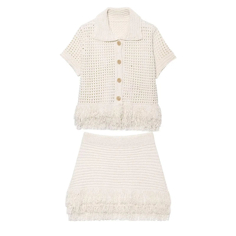 Summer New Women Fashion Hollow Out Frayed Hem Knit Jacket Front Button Short Sleeve Lapel Collar Chic Lady Outfit