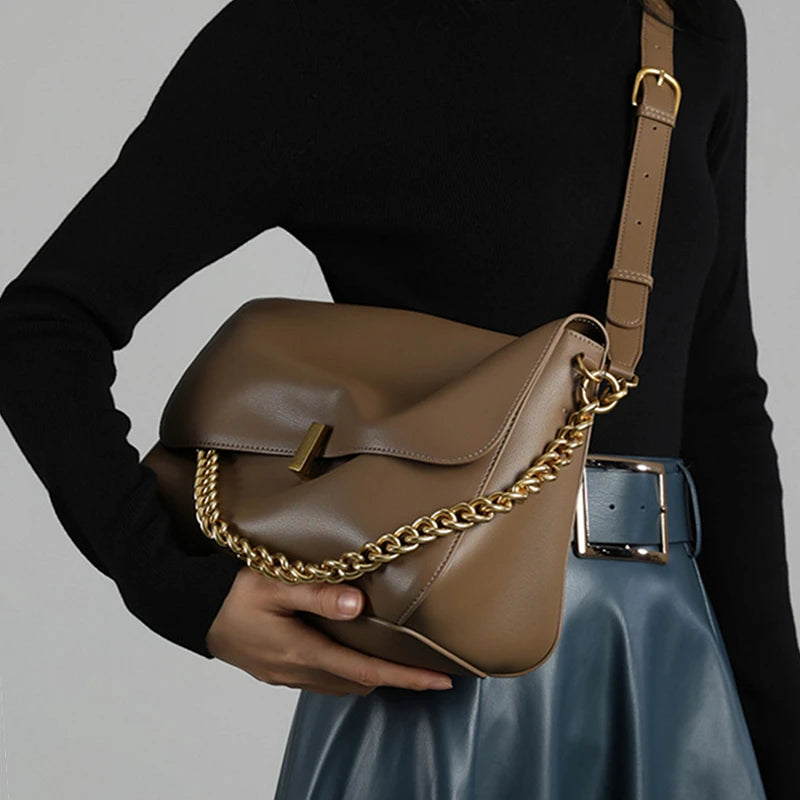Toptrends Genuine Leather Large Chain Shoulder For Women 2025 Luxury Designer Office Messenger Bags Satchel Cow Ladies Handbags