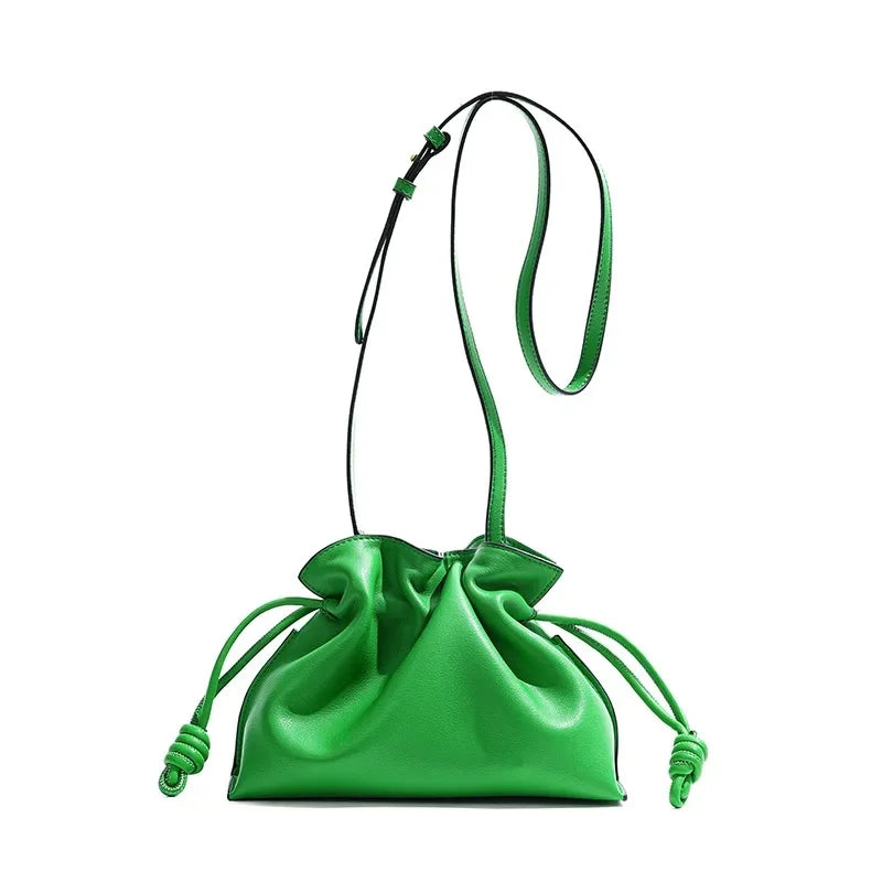 Autumn/Winter Flamenco Fashionable Classic Frogmouth Cloud Bag Genuine Cow Leather Drawstring Single Shoulder Slant Cross Small