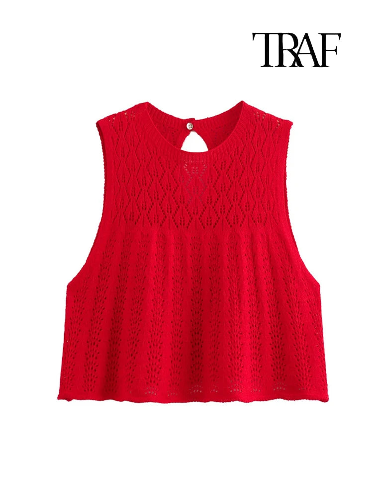 Women's Fashion Jacquard Sleeveless Top Shorts Set Elegant Skeleton Knit Top Mini Skirt Set Lace Top Pleated Mini Skirt Set