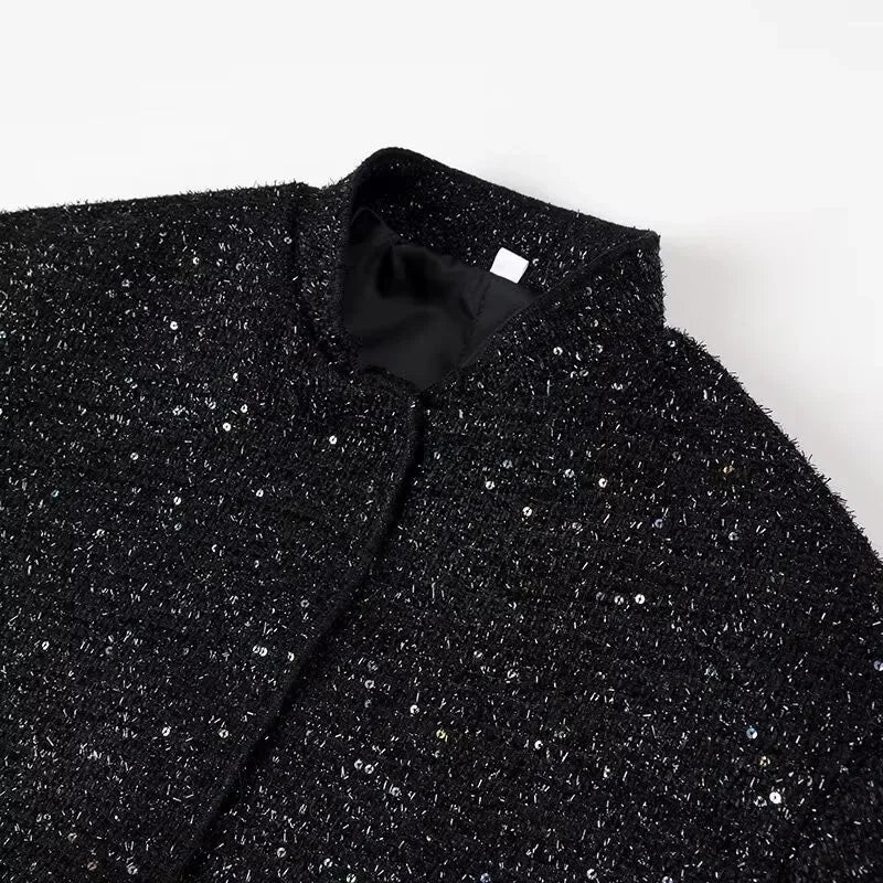 Women's Sequined Bomber Jacket Fall New Round Neck Long Sleeve Pocket Stretch Hem Sequins Jacket Coat Female Chic Outerwear