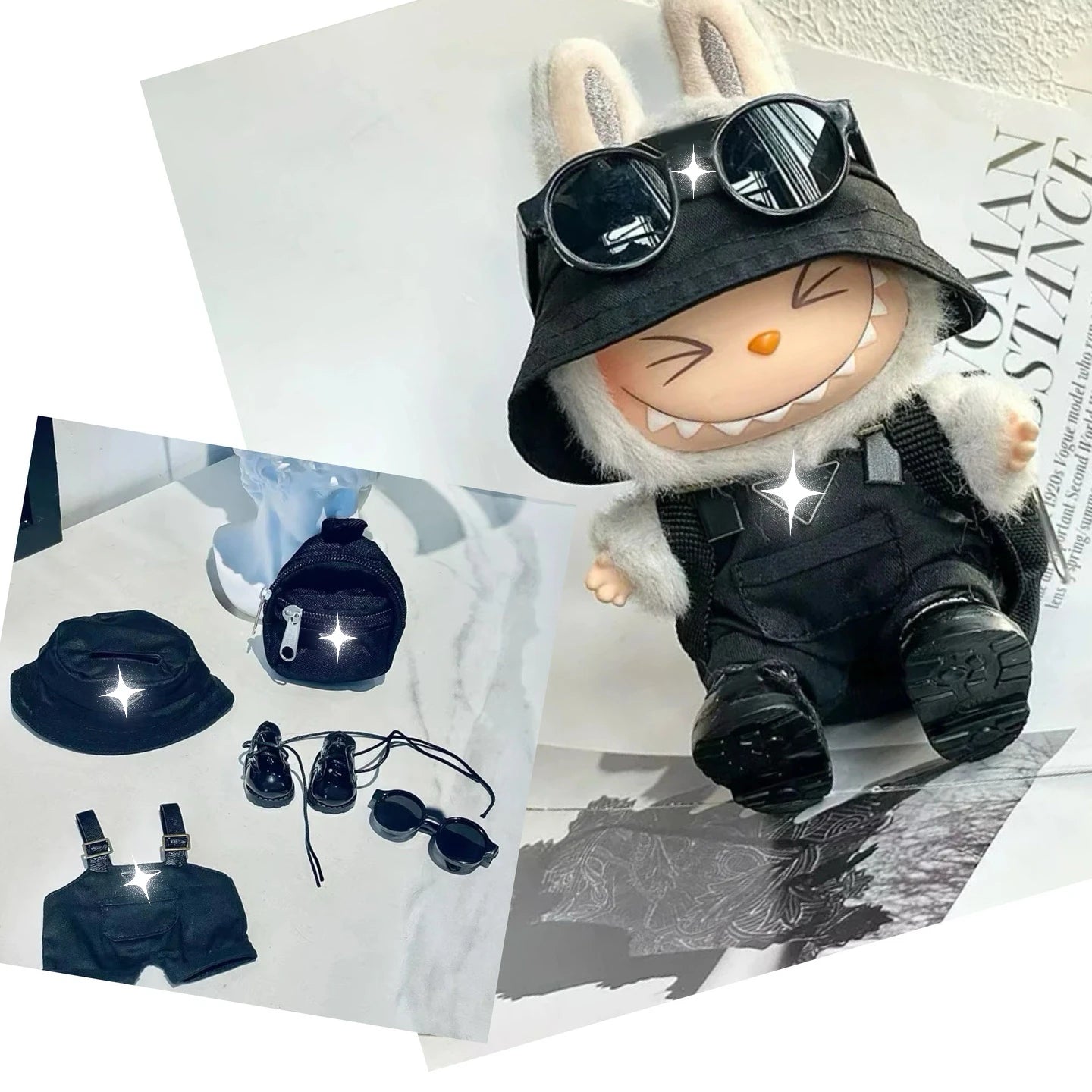 Labubu Fashion Leather 5/6pcs Suit For 17cm V1 V3 Labubuwa Clothes Handsome Trend Boy Doll Clothes Full Set