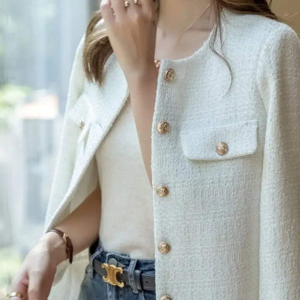 Wool Tweed Coat Fashion High-end Gold Button Short Slim Temperament Spring and Autumn Coats Women Jacket