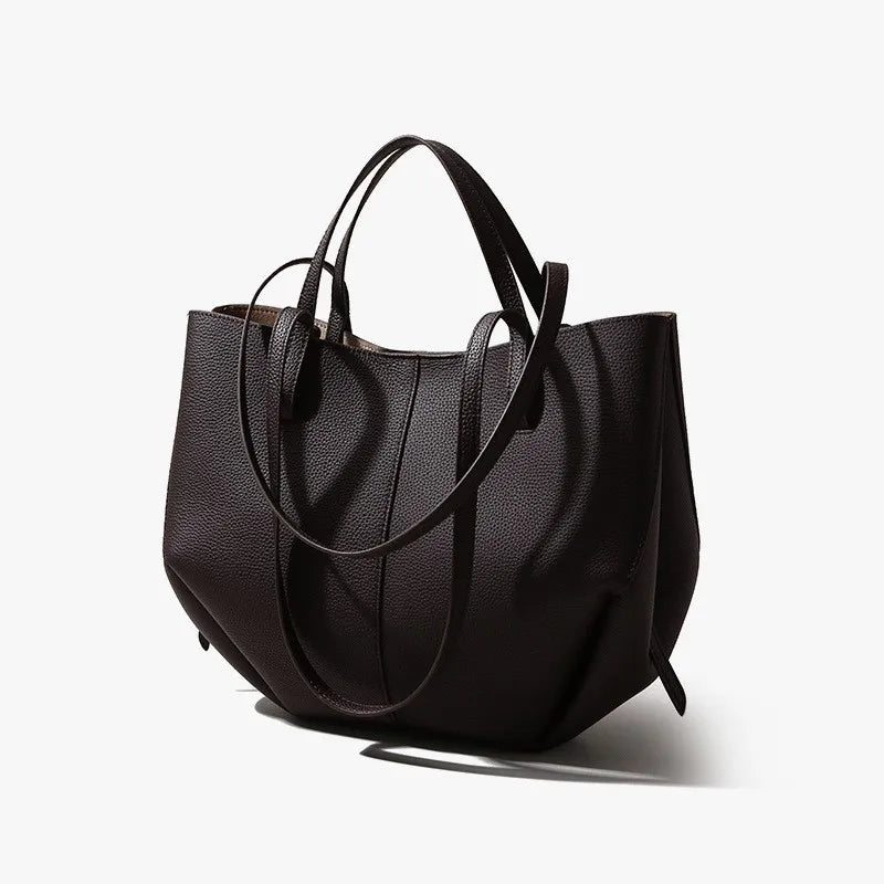 New Brand Designer Huge Capacity Travel Trapeze Tote Grey Caramel Color Full Grain Cow Leather Women Handbag with Wallet