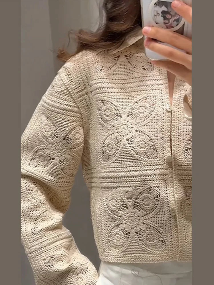 Knit Hollow Out 2 Piece Sets Woman Outfit Elegant Crochet Single-breasted Lapel Top High Waist Shorts Summer lady Suit Commuting