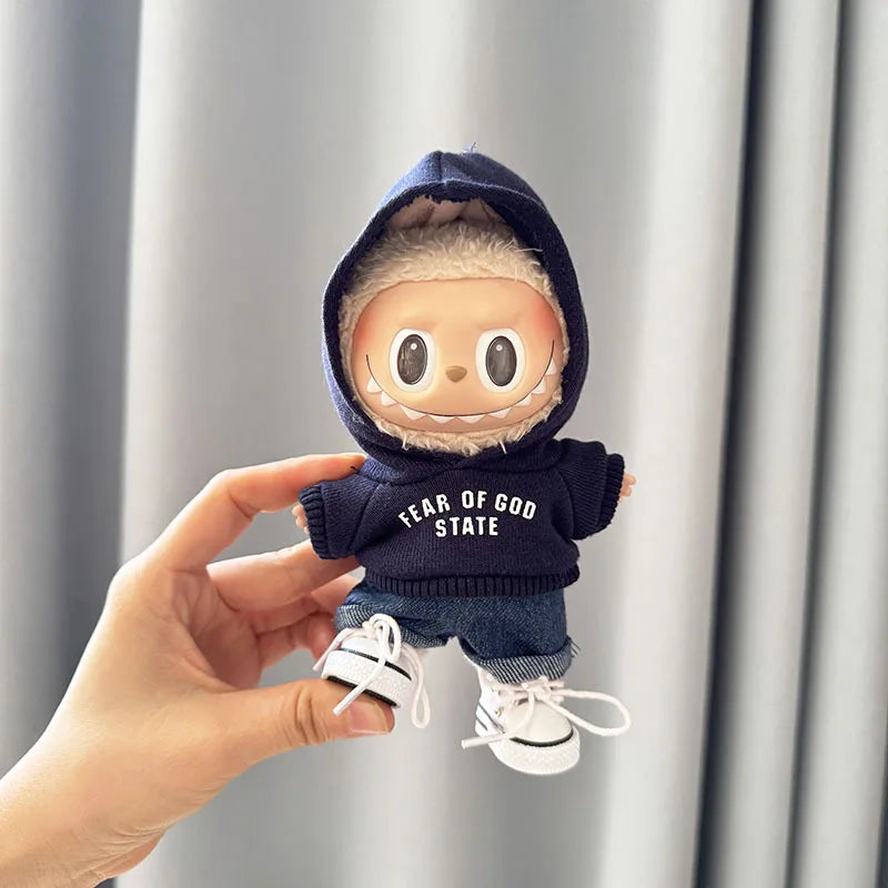 17cm Labubu I II Idol Dolls Cute Mini Plush Doll'S Clothes Korea Kpop Exo Idol Dolls DIY Accessories Gifts FEAR Hoodie Set