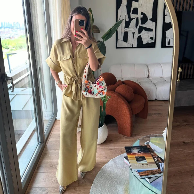 Casual Coat Pant Set Women Loose Zipper V-neck Lace Up Pleat Top Wide Leg Trousers Suit 2025 Summer Lady 2 Pieces Outfits New