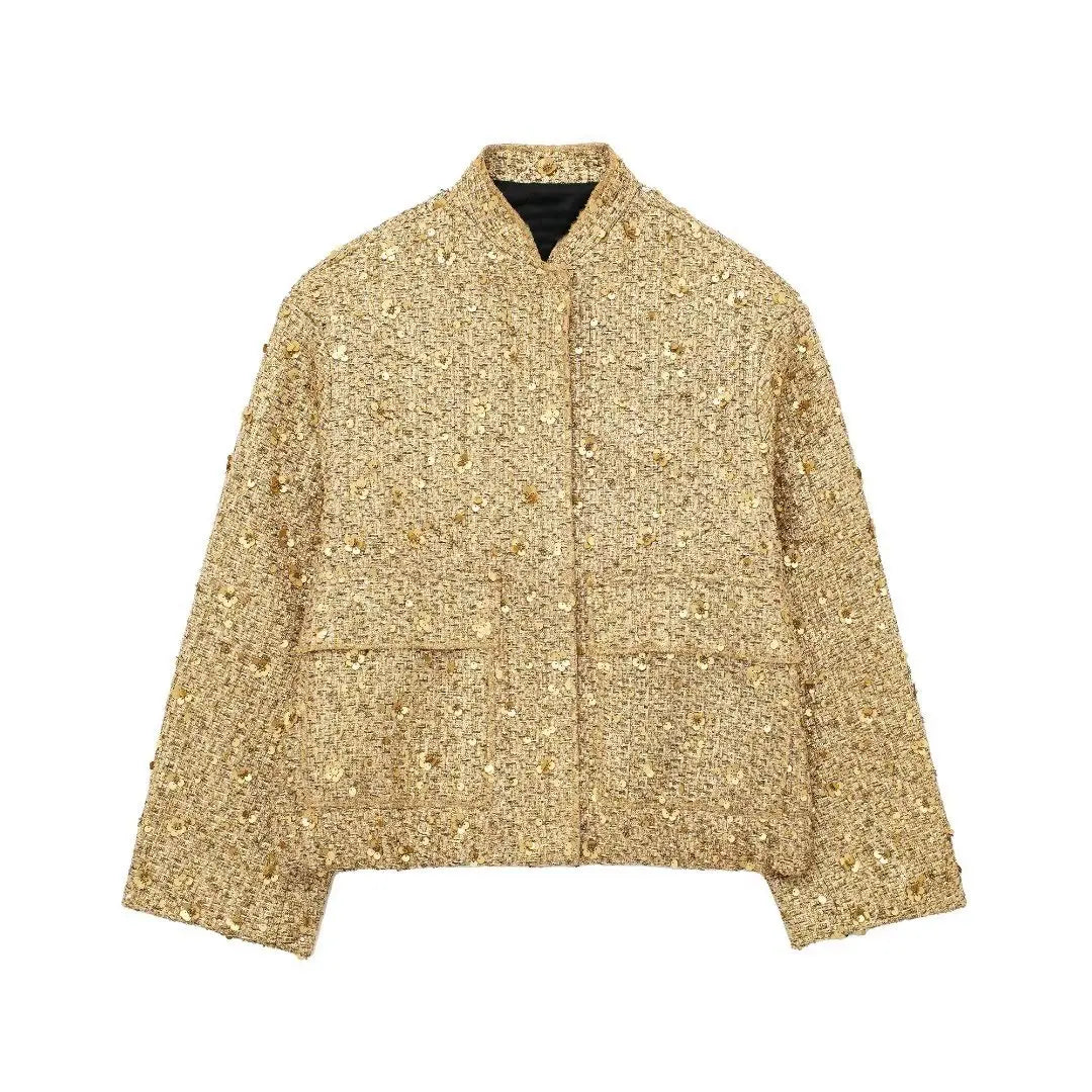 Women's Sequined Bomber Jacket Fall New Round Neck Long Sleeve Pocket Stretch Hem Sequins Jacket Coat Female Chic Outerwear