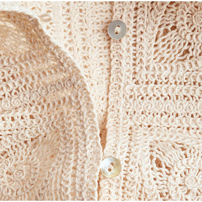 Knit Hollow Out 2 Piece Sets Woman Outfit Elegant Crochet Single-breasted Lapel Top High Waist Shorts Summer lady Suit Commuting