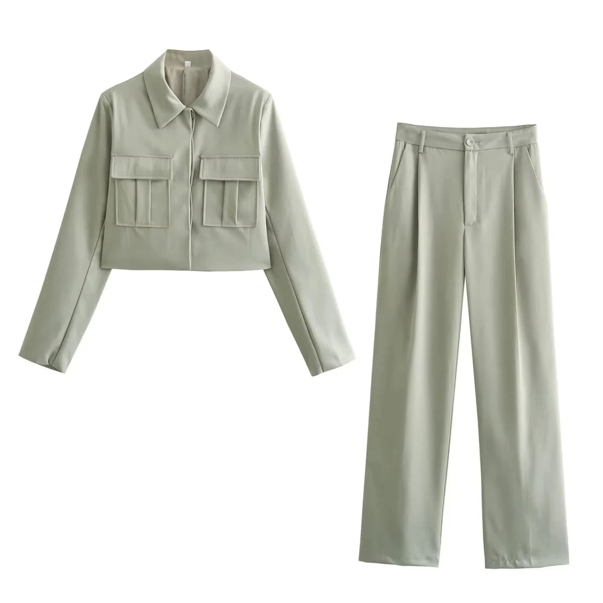Spring Summer Casual Women Solid Suits Fashion Streetwear Pockets Turn-down Collar Short Jackets+Chic Wide leg pants