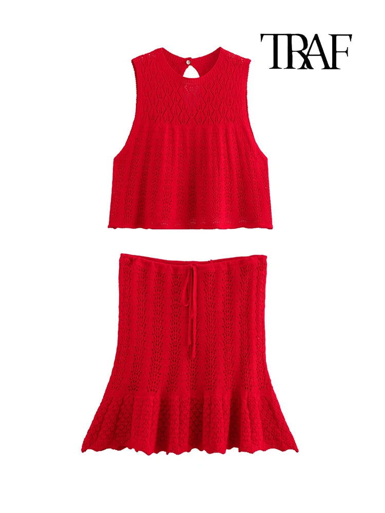 Women's Fashion Jacquard Sleeveless Top Shorts Set Elegant Skeleton Knit Top Mini Skirt Set Lace Top Pleated Mini Skirt Set