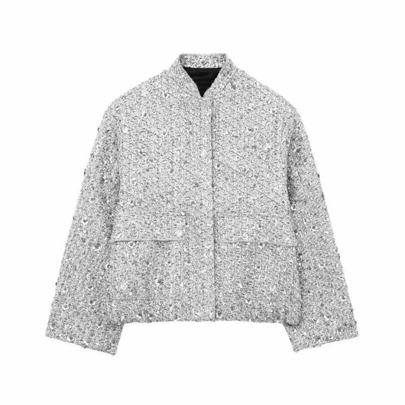 Women's Sequined Bomber Jacket Fall New Round Neck Long Sleeve Pocket Stretch Hem Sequins Jacket Coat Female Chic Outerwear