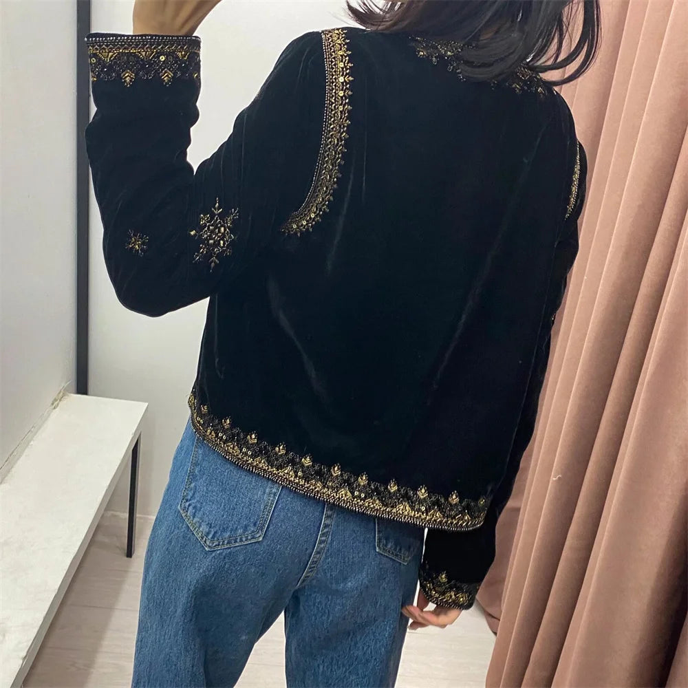 New Women's Fashion and Versatile Slim Fit Trendy Palace Embroidered Velvet Coat