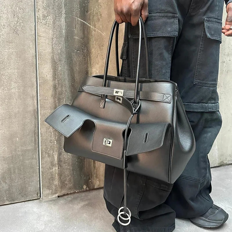 New Luxury Silver Buckle Large Capacity Wing Bag Designer Fashion Genuine Leather Tote Bag Brand Women's Commuter Shoulder Bag