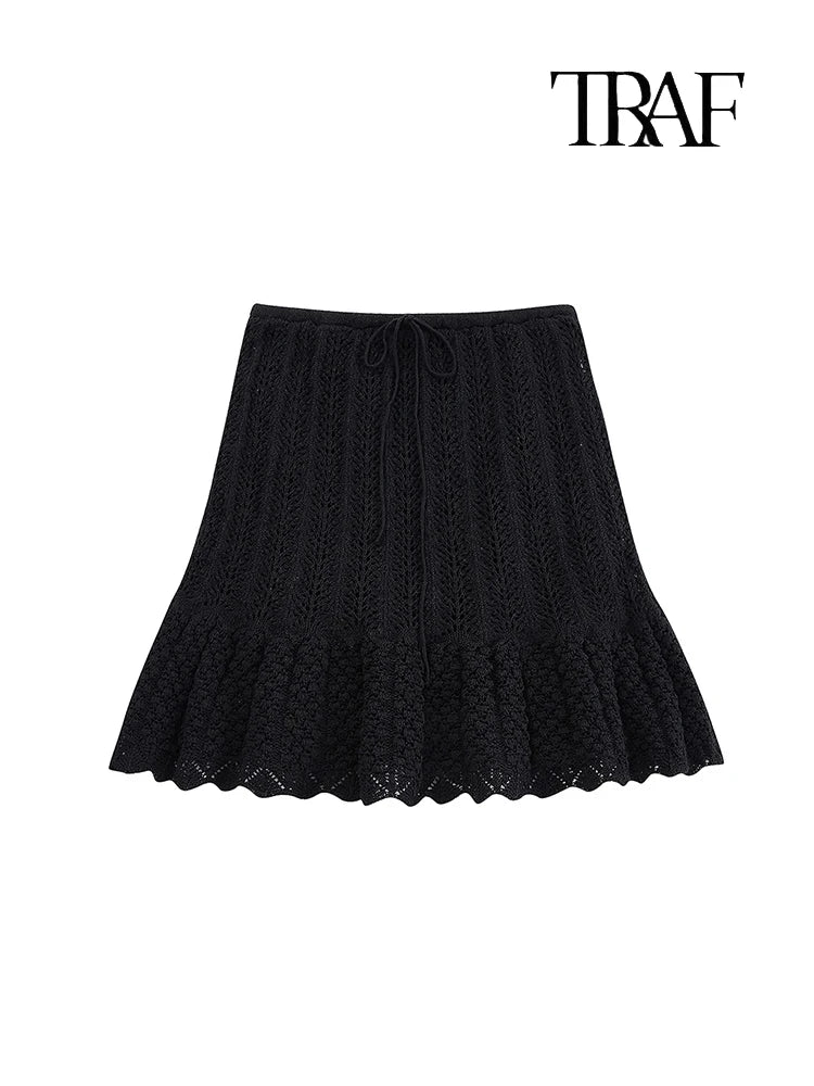 Women's Fashion Jacquard Sleeveless Top Shorts Set Elegant Skeleton Knit Top Mini Skirt Set Lace Top Pleated Mini Skirt Set