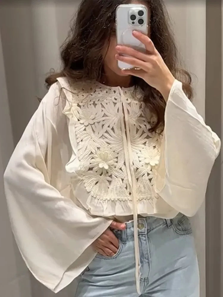 Chic Flared Sleeves O Neck Loose Lace Up Shirt Mini Skirts Elegant Floral Embroidered Skirt Set for Women Summer Lady 2 Pcs Suit