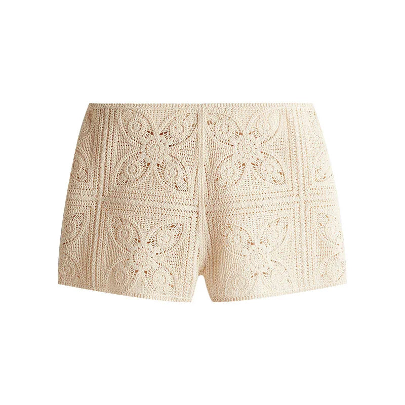 Knit Hollow Out 2 Piece Sets Woman Outfit Elegant Crochet Single-breasted Lapel Top High Waist Shorts Summer lady Suit Commuting