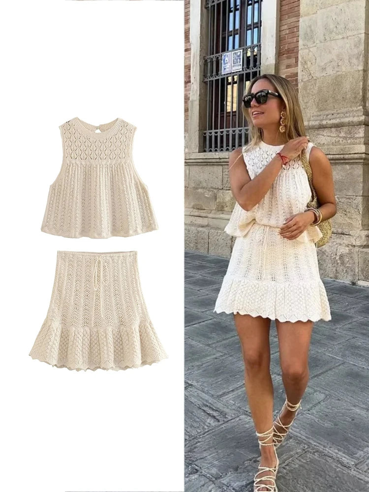 Women's Fashion Jacquard Sleeveless Top Shorts Set Elegant Skeleton Knit Top Mini Skirt Set Lace Top Pleated Mini Skirt Set