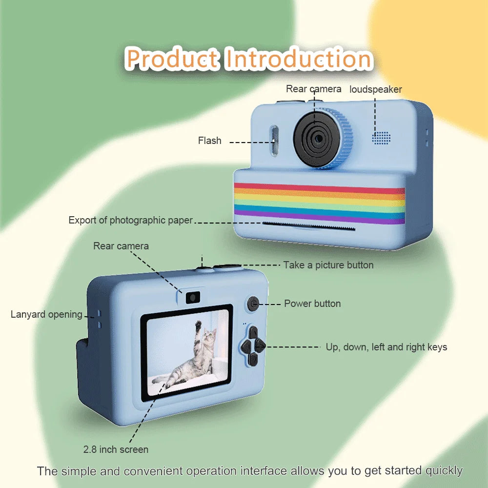 2.8 Inch Instant Print Camera, Digital Video Camera With 3 Rolls of Thermal Printing Paper, 0 Ink Printing Toy Camera for Kids