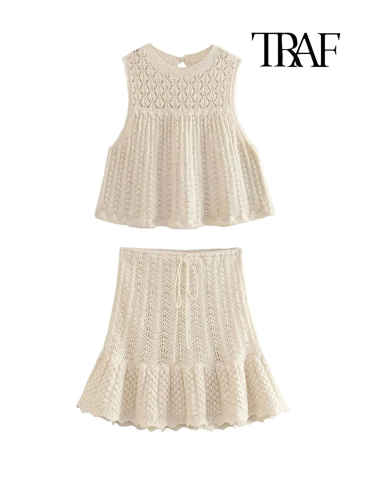 Women's Fashion Jacquard Sleeveless Top Shorts Set Elegant Skeleton Knit Top Mini Skirt Set Lace Top Pleated Mini Skirt Set