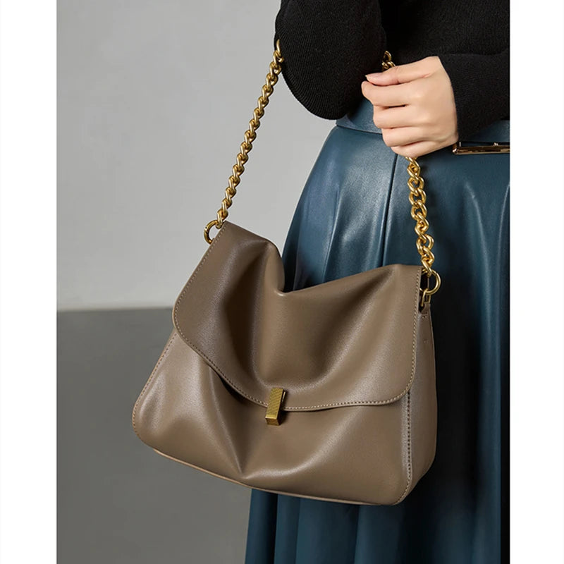 Toptrends Genuine Leather Large Chain Shoulder For Women 2025 Luxury Designer Office Messenger Bags Satchel Cow Ladies Handbags
