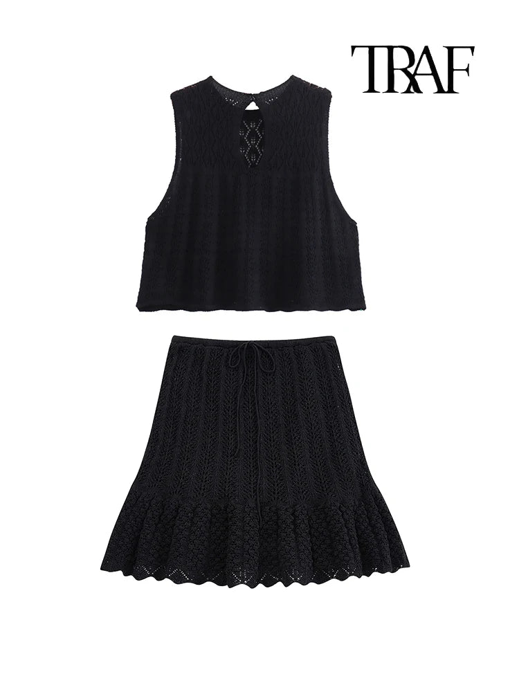 Women's Fashion Jacquard Sleeveless Top Shorts Set Elegant Skeleton Knit Top Mini Skirt Set Lace Top Pleated Mini Skirt Set