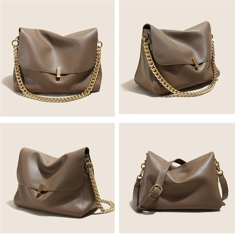 Toptrends Genuine Leather Large Chain Shoulder For Women 2025 Luxury Designer Office Messenger Bags Satchel Cow Ladies Handbags
