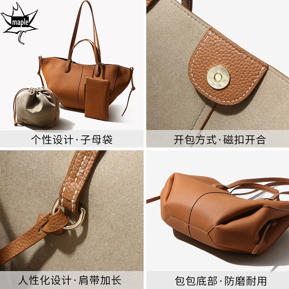 New Brand Designer Huge Capacity Travel Trapeze Tote Grey Caramel Color Full Grain Cow Leather Women Handbag with Wallet