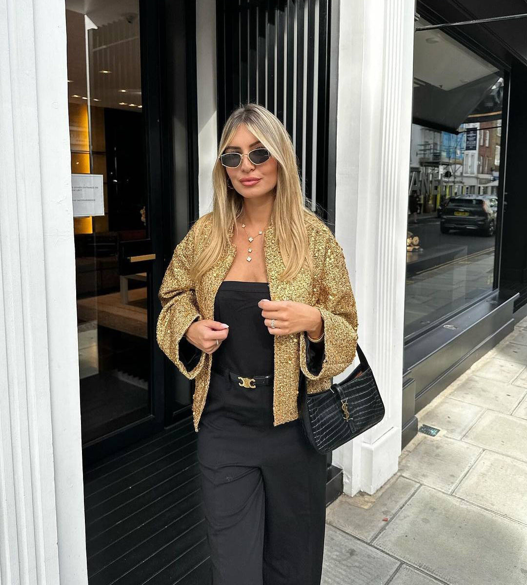 Women's Sequined Bomber Jacket Fall New Round Neck Long Sleeve Pocket Stretch Hem Sequins Jacket Coat Female Chic Outerwear