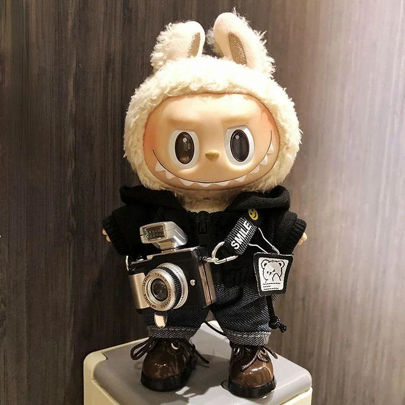 17cm Labubu I II Idol Dolls Cute Mini Plush Doll'S Clothes Korea Kpop Exo Idol Dolls DIY Accessories Gifts FEAR Hoodie Set