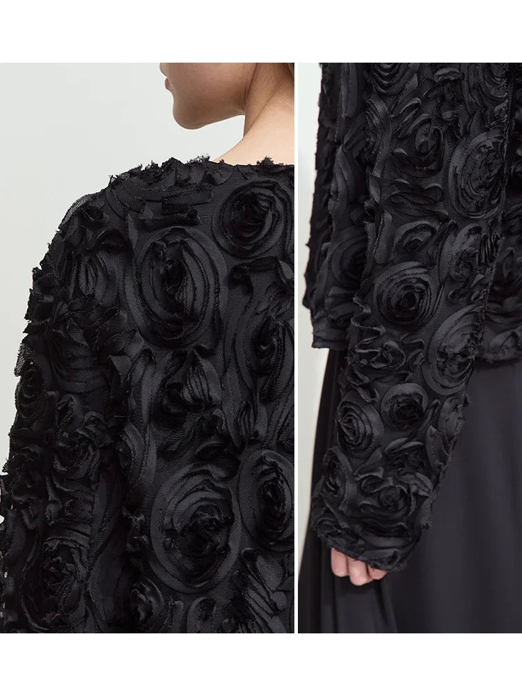 AMII Minimalism Short Jacket Women 2025 Spring New Elegant Romantic Stereoscopic Flower O-Neck Hook Button Outwear Coat 12521066