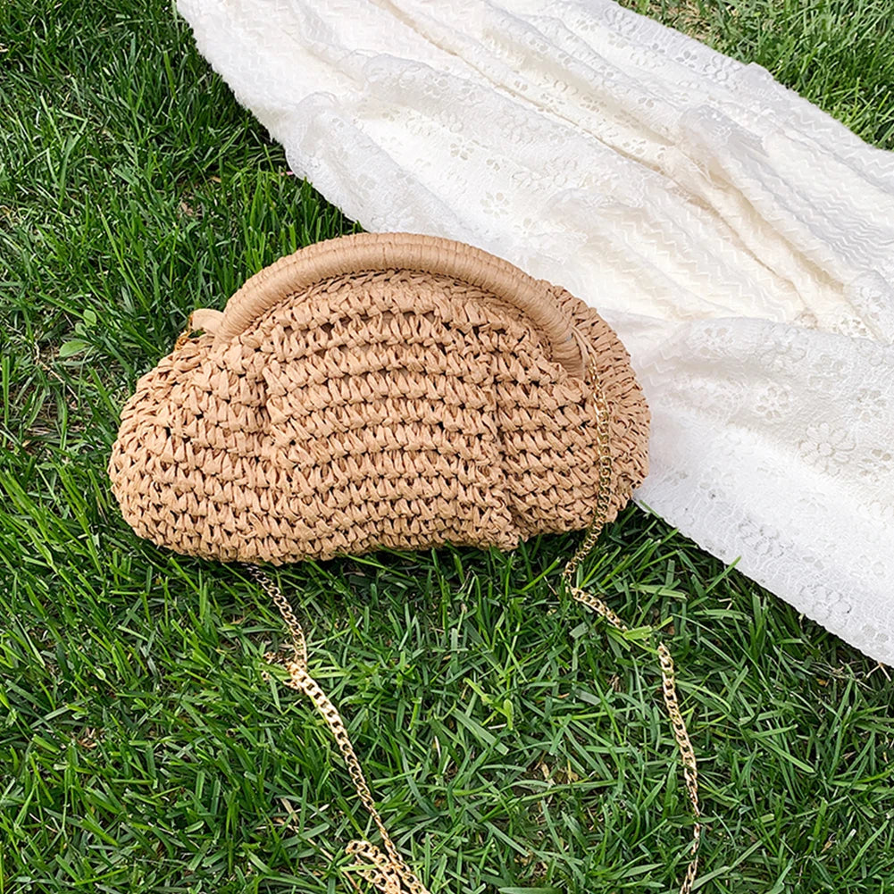 Women Straw Woven Bag Chain Strap Straw Clutch Purse Large Capacity Stylish Crossbody Bag Solid Color for Summer Beach