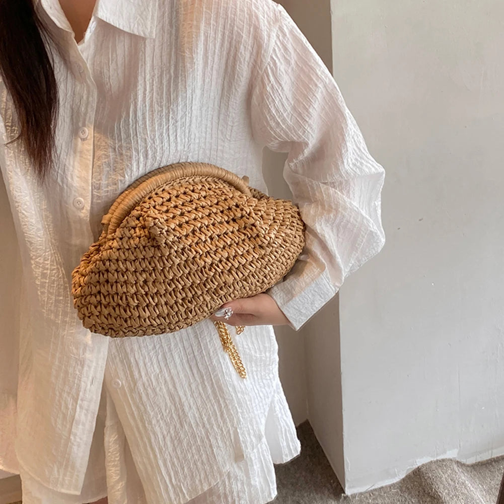 Women Straw Woven Bag Chain Strap Straw Clutch Purse Large Capacity Stylish Crossbody Bag Solid Color for Summer Beach