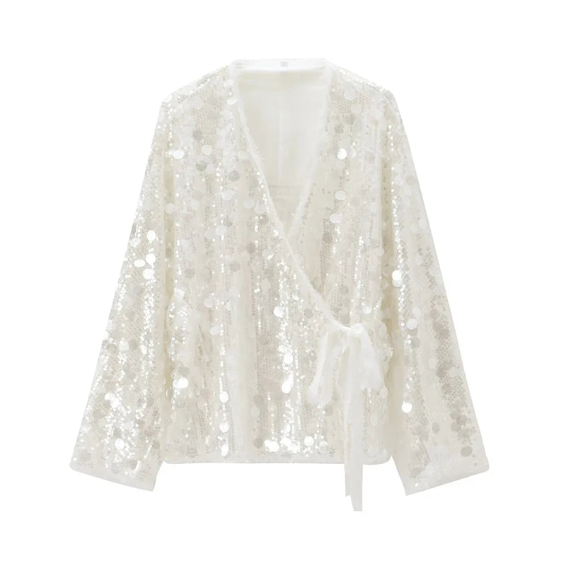 New Autumn Women Sequin Kimono Jacket Coat Long Sleeve V Neck Female Casual Loose Outerwear Chic Lady Wrap Outfits