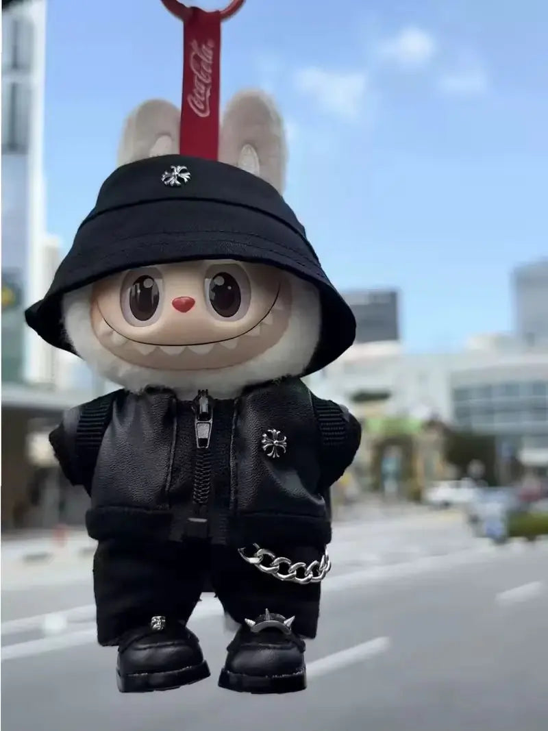 Labubu Fashion Leather 5/6pcs Suit For 17cm V1 V3 Labubuwa Clothes Handsome Trend Boy Doll Clothes Full Set