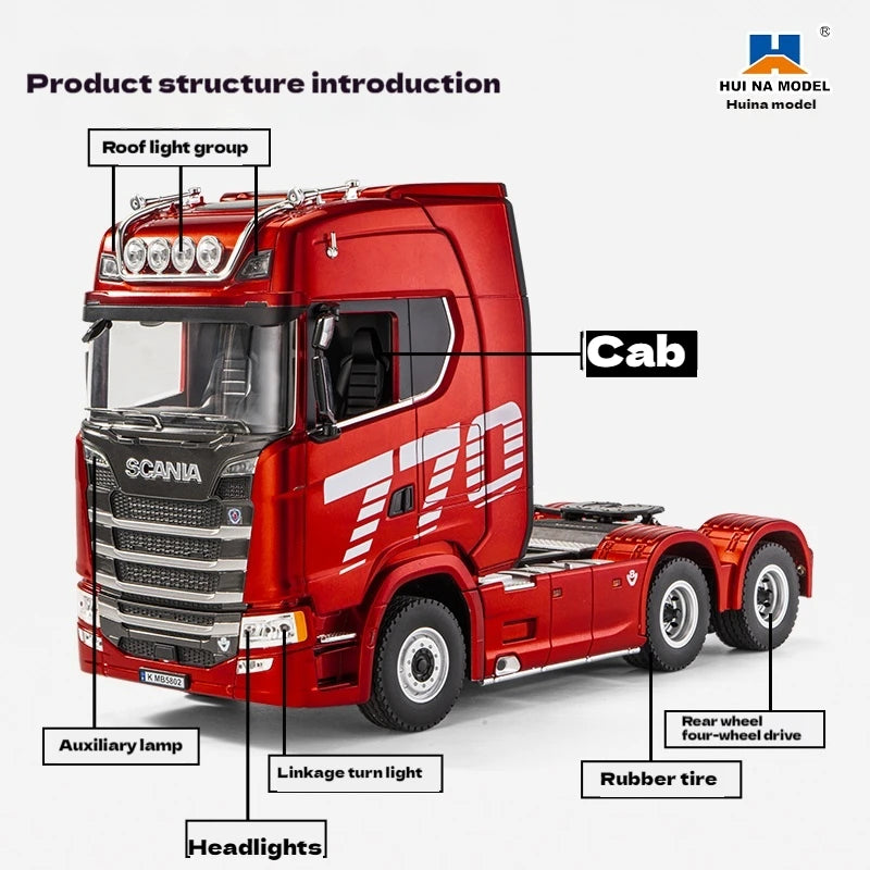 Remote control engineering car Huina Scania 770S trailer head alloy car model children's toy four-wheel drive ratio 501D