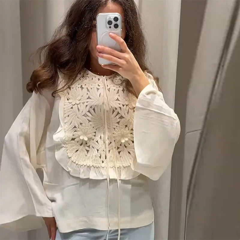 Chic Flared Sleeves O Neck Loose Lace Up Shirt Mini Skirts Elegant Floral Embroidered Skirt Set for Women Summer Lady 2 Pcs Suit