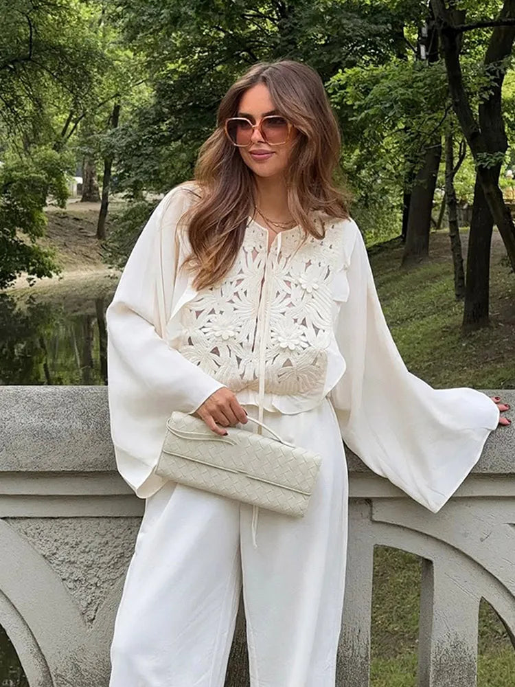 Elegant Retro Hollow Out Lace Up Mini Skirt Set Women Chic High Waist Flare Ruffle O-neck Top 2 Piece Suit Holiday Street Outfit