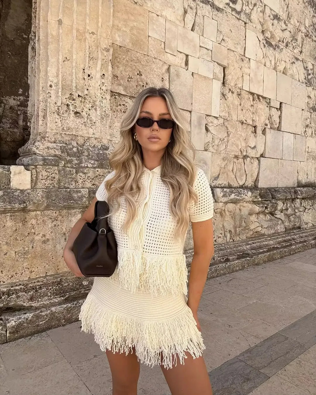 Summer New Women Fashion Hollow Out Frayed Hem Knit Jacket Front Button Short Sleeve Lapel Collar Chic Lady Outfit